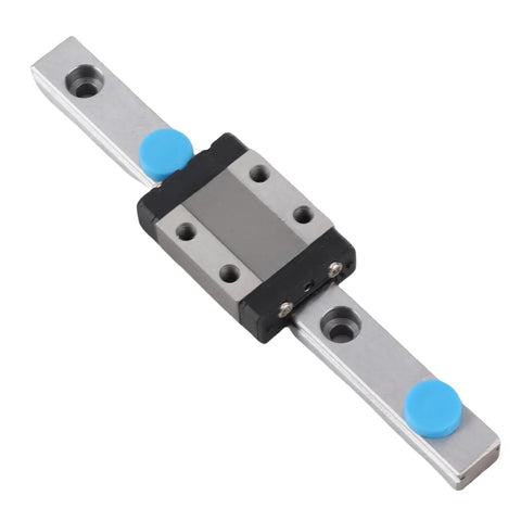 LML9B Miniature Linear Guide Rail 9mm Width with Slide Block, showing 4-Point Contact Design and blue end stoppers