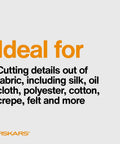 Graphic text listing fabrics ideal for use with Micro Tip Spring Assisted Scissors For Precision Fabric Cutting With Stainless Steel Blades.