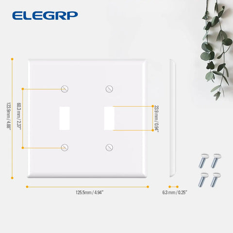 2-Gang Toggle Switch Wall Plate Set Mid-Size Unbreakable Polycarbonate Cover For Toggle Dimmer Light Switches UL Listed Glossy White 5 Pack Durable Impact Resistant Faceplate With Smooth Edges For Easy Cleaning dimensions and screws.