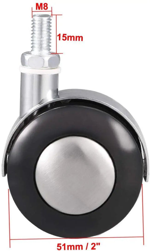 2 Inch Twin Wheel Furniture Caster with M8 threaded stem, shown in profile, designed for smooth gliding action and stability.