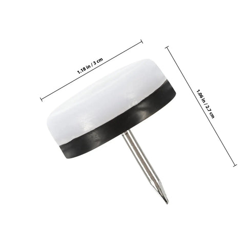 Close-up of 40 Pack Brown Nylon Furniture Glide Pads With Steel Pins For Round Chair Legs Floor Protectors, side view with dimensions shown.