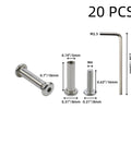 Twenty Pack M4x16mm Stainless Steel Barrel Nut Bolts And Binding Screws With Hex Key Tool Set showing screws, wrench, and sizes.