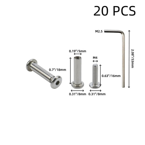 Twenty Pack M4x16mm Stainless Steel Barrel Nut Bolts And Binding Screws With Hex Key Tool Set showing screws, wrench, and sizes.
