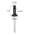 150 Pc Tri Fold Trim Rivets 3/16 X 1 Inch Black Aluminum Blind Rivets showing detailed dimensions for marine use.