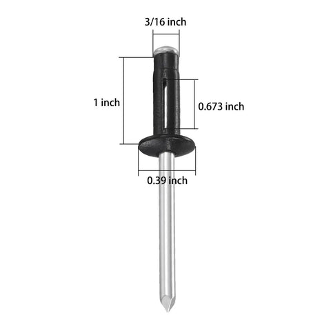 150 Pc Tri Fold Trim Rivets 3/16 X 1 Inch Black Aluminum Blind Rivets showing detailed dimensions for marine use.
