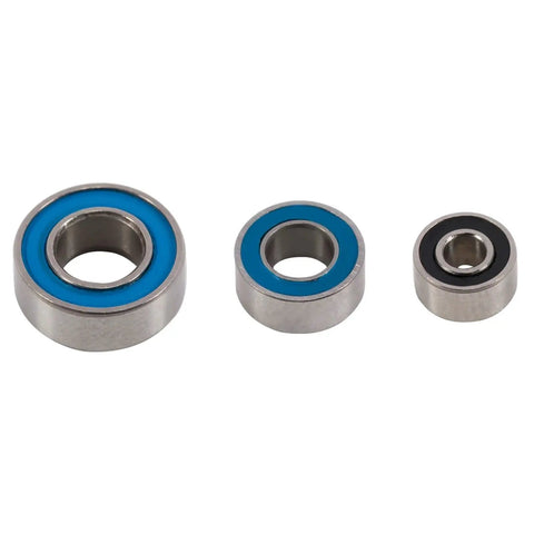 Three different sizes of Beefy Steel Sealed Bearings Set For RC SCX24 Upgrades, 20 Pcs With Rubber Seals, displayed on a white background.