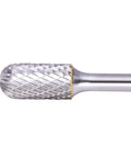 Close-up of Straight Fire Heavy Duty Tungsten Carbide Burr with extra long shank and double cut head for grinding steel.