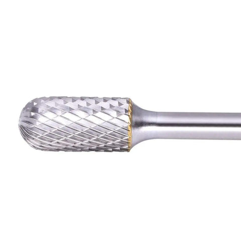 Close-up of Straight Fire Heavy Duty Tungsten Carbide Burr with extra long shank and double cut head for grinding steel.
