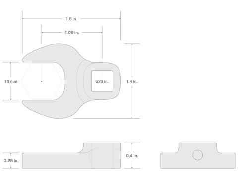Technical drawing of Ultra Compact Crowfoot Wrench Three Eighths Inch Drive For Tight Spaces Built Tough Lean Design For Strength