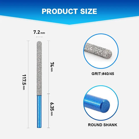 Diamond Tuck Point Bit For Mortar Removal With Round Shank, 7.2mm Diameter, 74mm Length, #40/45 Shank, blue grip, product size diagram
