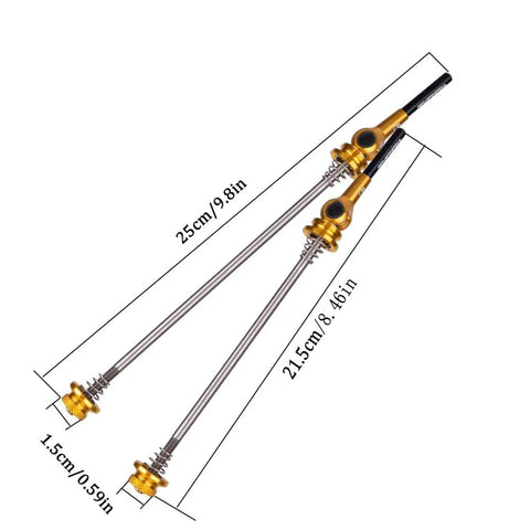 Ultra Light Titanium Alloy Bike Quick Release Skewers, 1 Pair Front and Rear, with measurements and gold finish.