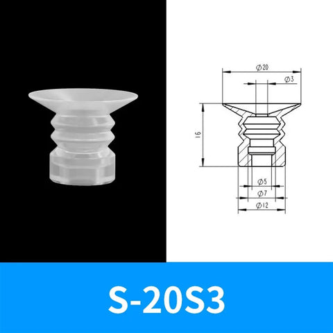 Bulk Pack Of 10 S-30S1 Series Rubber Vacuum Suction Cups For Industrial Pneumatic Manipulator Systems showing S-20S3 design with dimensions.