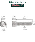 High Octane 1/4-20 X 1 Socket Head Cap Screws In Knockout 304 Stainless Steel showing dimensions and details.