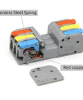 Mini Quick Wire Connectors with push in, lever, crimp styles, showing stainless steel spring, red copper components, gray body.