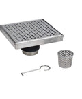 4x4 Inch Square Shower Drain Grate Built In Stainless Steel That Is Corrosion Resistant And Features A Self Cleansing Sloped Channel For Quick Drainage Plus A Handy Lifting Key And Easy Install with separate parts shown