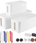 Triple Pack Wooden Grain Cable Management Boxes Set With 18-Piece Cable Management Kit Large Medium Small Cord Organizers White Finish