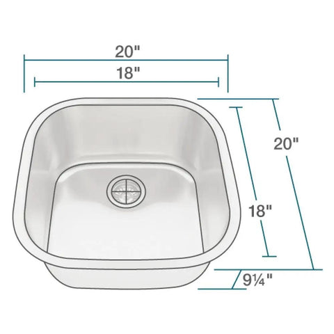 Diagram of Undermount 20 Inch Bar Sink in Stainless Steel with Square Bowl, Brushed Satin Finish, 18 Gauge, 304 Grade Steel