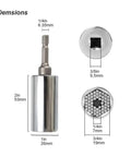 Universal Socket Wrench Head Set Two Piece Drill Adapter Kit 7mm To 19mm Nut Driver with dimensions displayed