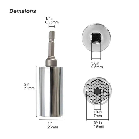 Universal Socket Wrench Head Set Two Piece Drill Adapter Kit 7mm To 19mm Nut Driver with dimensions displayed