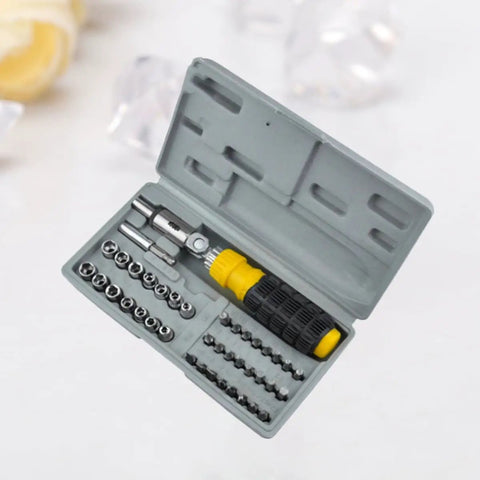 Compact 41 Piece Mini Socket Wrench Set With Quick Change Sockets And Reversible Ratchet For Confined Spaces Grease Monkey favorite auto repair tool, gray case with assorted bits.