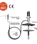 Diagram of Air Operated Grease Pump Complete Kit For 5 Gallon Pails with labeled parts, including hose and control valve