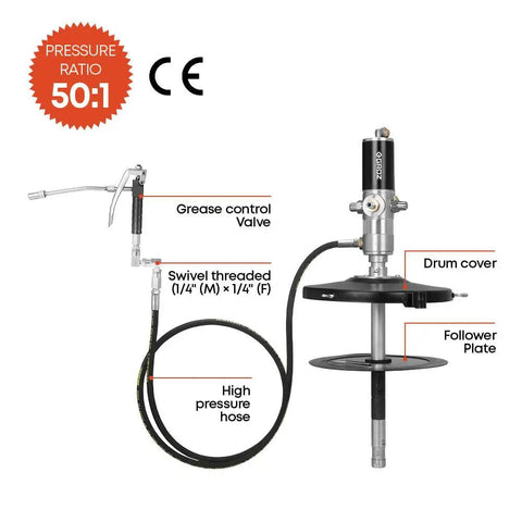Diagram of Air Operated Grease Pump Complete Kit For 5 Gallon Pails with labeled parts, including hose and control valve