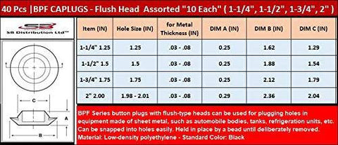 40 Pcs BPF Caplugs Flush Head Assorted Sizes Chart for Hole Plugging in Metal Sheets