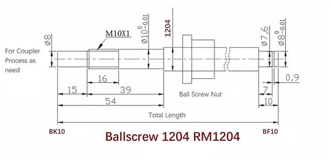 Diagram of 12mm Ball Screw SFU1204 Anti Backlash with BK10 BF10 ends, 850mm length, 4mm lead, high precision C7 grade CNC part