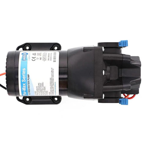 Par Max HD3 Beefy 12V Water Pressure Pump 3 GPM At 40 PSI built for boats and RVs, black casing, side view.