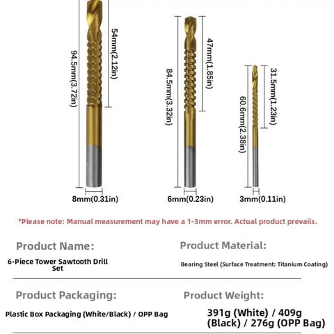 Kick Your DIY Projects Up A Notch With This Awesome 6 Piece Step Drill Bit Set Perfect For Metal Wood And Plastic Featuring Versatile 4 To 32mm Steps Plus Nasty 3 6 And 8mm Saw Bits To Make Smooth Clean Holes Without Any Hassle Today. 6-piece titanium-coated steel step drill bits with 3mm, 6mm and 8mm shanks