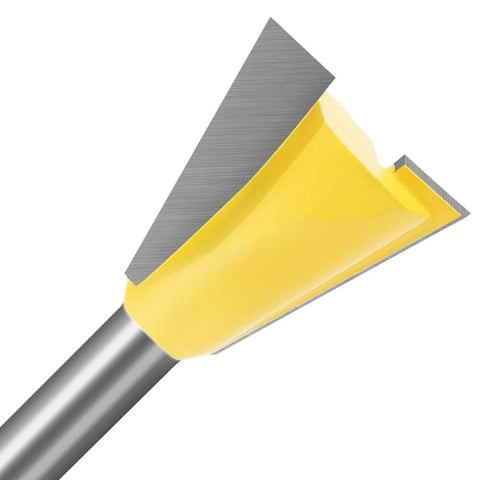 Close-up of Six Size Dovetail Router Bit Set With 1/4 Inch Shank For Cabinets And Drawers, Tungsten Carbide Blades and Durable Alloy Steel Body