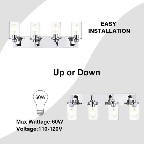 Sleek Chrome Finish Four Light Bathroom Vanity Light Fixture With Clear Glass Shades, Indoor Wall Sconce Lighting, Easy Install