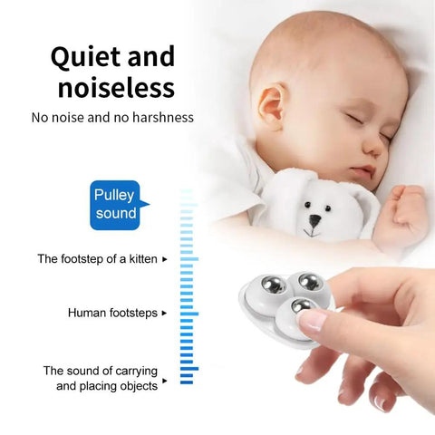No Sweat Self Adhesive Mini Caster Wheels Pack Of Twelve, shown with noise comparison chart for quiet operation.