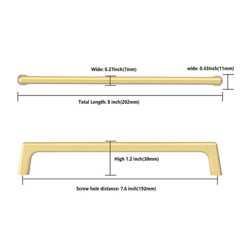 Dimensions of 10 Pack Premium Brushed Gold Kitchen Cabinet Handles 7.5 Inch Center To Center Zinc Alloy Pulls, 8 inches long.