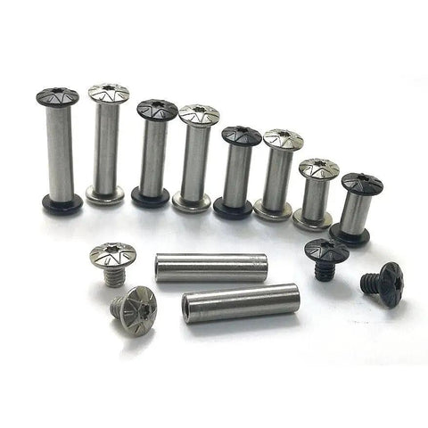 12 Sets Slick Black Five Pointed Star Chicago Screws Premium Stainless Steel 303 Beast Mode Hardware For Tactical Knives And Rugged Camp Gear 5mm X 17mm, displaying assorted screws.