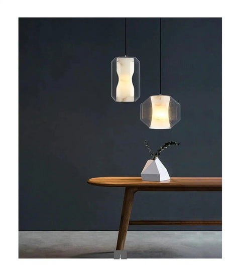 Modern Clear Glass Pendant Light with Marble Pattern Inner Shade, Adjustable Suspended Hanging for Kitchen Island,Warmth above wooden table.