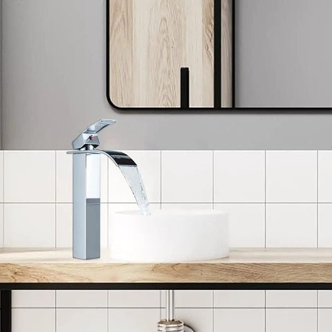 Chrome Vessel Sink Faucet Tall Modern Waterfall With Pop Up Drain Single Handle 1 Hole Vanity Lavatory Faucet for bathroom