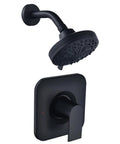 Shower faucet trim kit, front view, matte black with square escutcheon, single lever handle and round shower head.