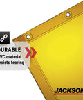 Welding Curtain With UV And Blue Light Shielding, Transparent Colored Screen Ready To Hang With Grommets, Flame Mildew And Water Resistant PVC, Clear Visual Division To Minimize Noise And Boost Safety, ANSI FM 4960 Compliant corner detail