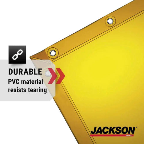 Welding Curtain With UV And Blue Light Shielding, Transparent Colored Screen Ready To Hang With Grommets, Flame Mildew And Water Resistant PVC, Clear Visual Division To Minimize Noise And Boost Safety, ANSI FM 4960 Compliant corner detail