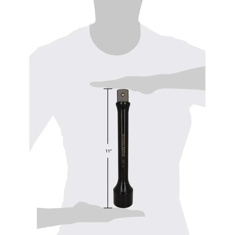 1 Inch Drive 10 Inch Torque Extension For Impact Wrenches, 550 Ft Lb Rating, Black Chrome Moly Steel, held by person.