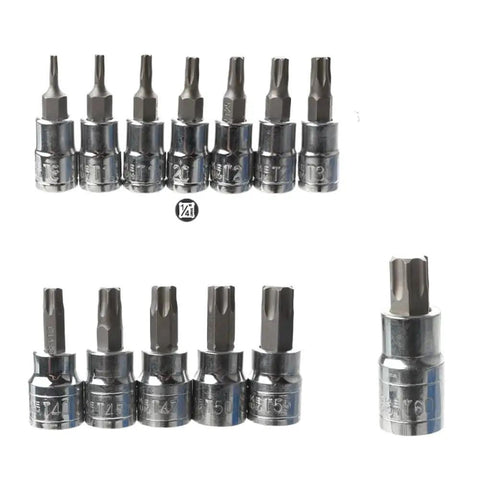 Blue 13 Piece Torx Screwdriver Bit Set For 1/4 Inch 3/8 Inch And 1/2 Inch Hex Socket Driver Tools Featuring Durable Carbon Steel Construction From T8 To T60 Sizes For Your Home Repair Jobs And Professional Mechanics Kit Needs Today, 1/4-inch Torx bits
