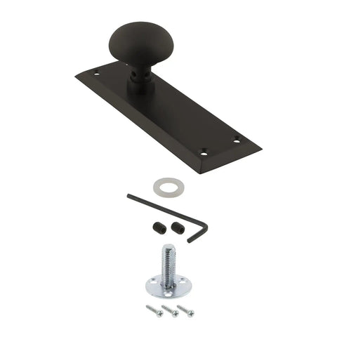 New York Style Door Knob With Plate, classic round handle set in bronze finish, screws and wrench included, sleek interior hardware.