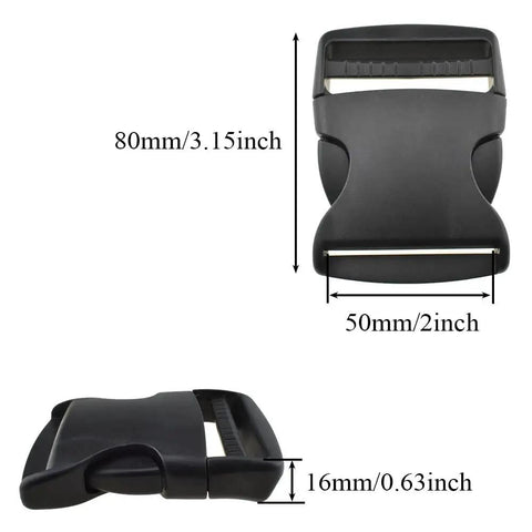 Close-up of 2 Inch Quick Release Side Buckles 6 Pack for nylon webbing, durable plastic clips shown in dimensions, easy on/off feature.