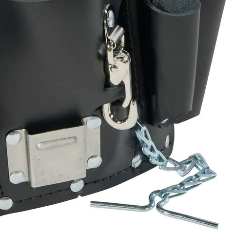 Close-up of knife snap and chain tap on black leather tool pouch, part of Leather Tool Pouch Go-To 8 Pocket Carry System, Moisture-Resistant.