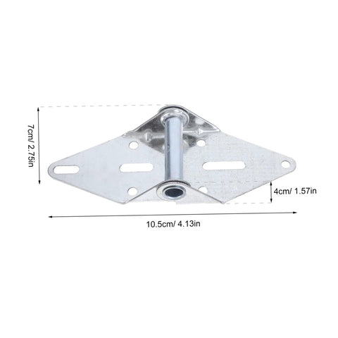 Front view of galvanized steel garage door hinge bracket with central pivot and multiple mounting holes, 10.5 cm long