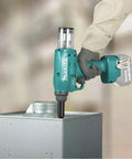 Badass 18V Lithium Ion Brushless Cordless Rivet Tool With Tough As Nails 20 KN Pulling Force For Quick One Stroke Installation Of Quarter Inch Aluminum And Steel Rivets Tool Only in use on a metal surface.