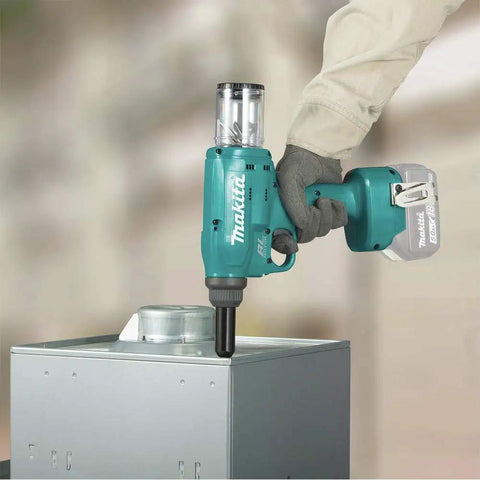 Badass 18V Lithium Ion Brushless Cordless Rivet Tool With Tough As Nails 20 KN Pulling Force For Quick One Stroke Installation Of Quarter Inch Aluminum And Steel Rivets Tool Only in use on a metal surface.