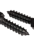 Premium Stainless Steel Black Lag Screws 3/8 Inch By 1 Inch Hex Lag Bolts 10 Pack 304 Grade Steel Black Oxide Finish Corrosion Resistant Made In USA Ideal For Decks Fences Outdoor Projects, close-up view of two screws.