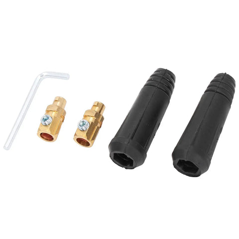 Heavy Duty Black Brass Welding Cable Quick Connectors Two Pack Rubber Shielded Hot Swap Power Plugs with hex keys.